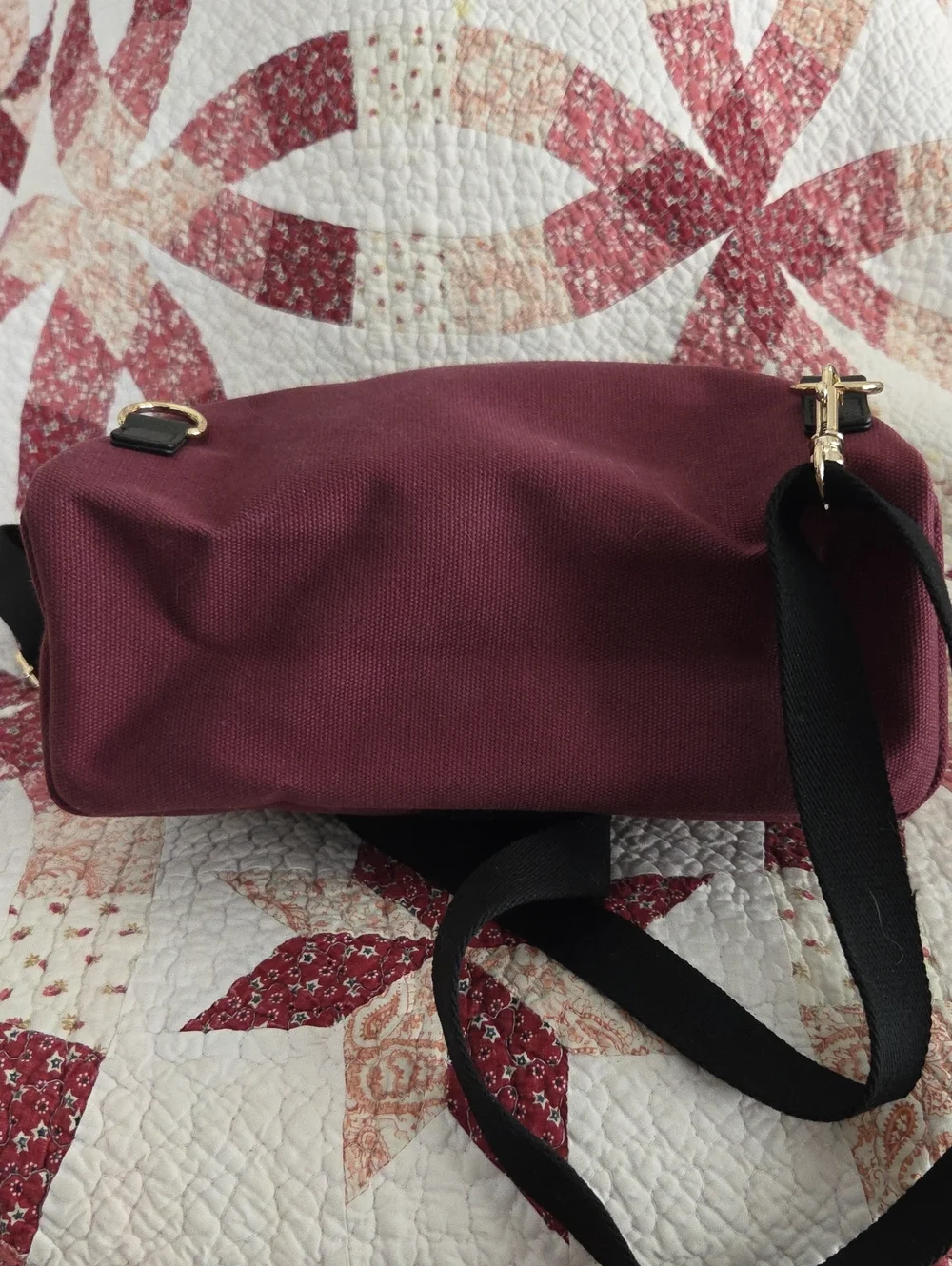 henri bendel Burgundy Canvas Backpack with Black Trim and Striped Strap